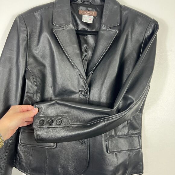 Chadwicks Leather Jacket Womens 12 Black Blazer Button Fitted Biker 90s Y2K - Picture 8 of 16